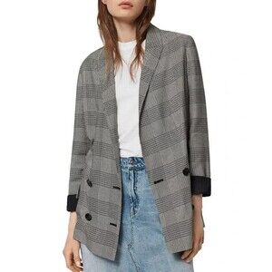ALLSAINTS Womens Blazer Size 00 Gray Plaid Double Breasted Relaxed Helei Sera